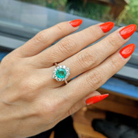 0.97 Ct. Emerald and Natural Diamond Halo Ring, Platinum 950 Life Style
