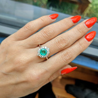 0.97 Ct. Emerald and Natural Diamond Halo Ring, Platinum 950 Life Style