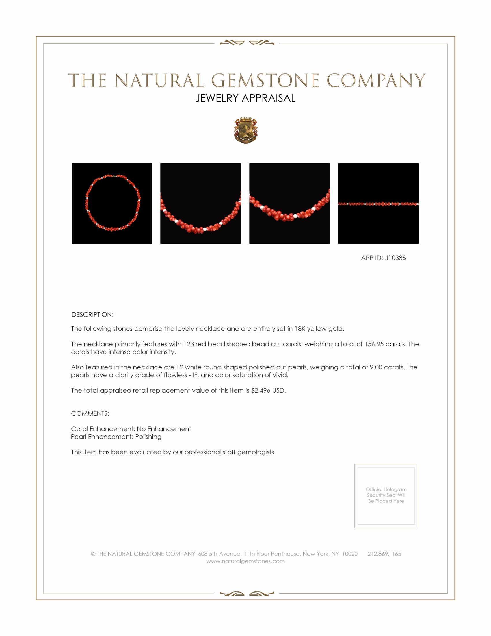 156.95 Ct. Coral Pearl Multi Stone Necklace, 18K Yellow Gold