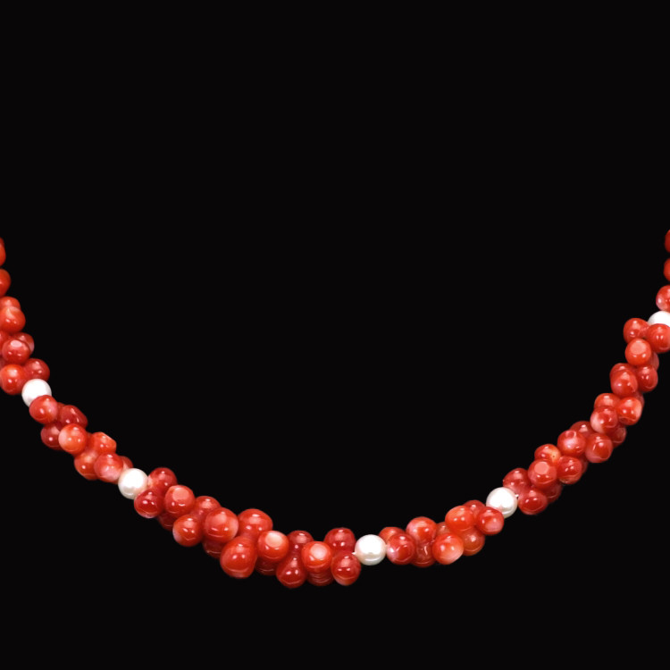 156.95 Ct. Coral Pearl Multi Stone Necklace, 18K Yellow Gold