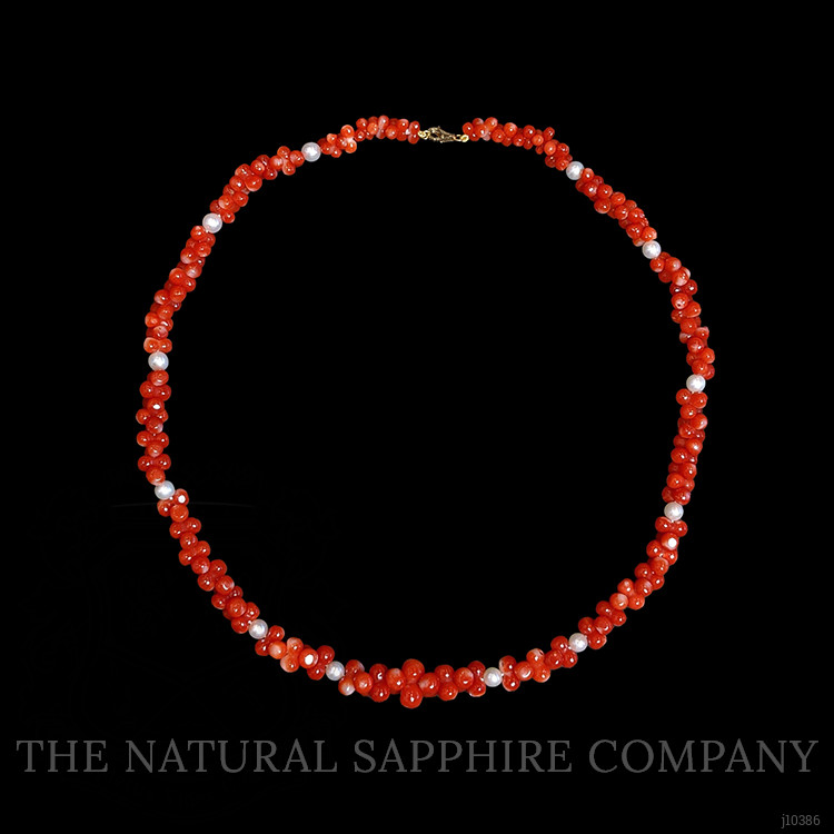 156.95 Ct. Coral Pearl Multi Stone Necklace, 18K Yellow Gold