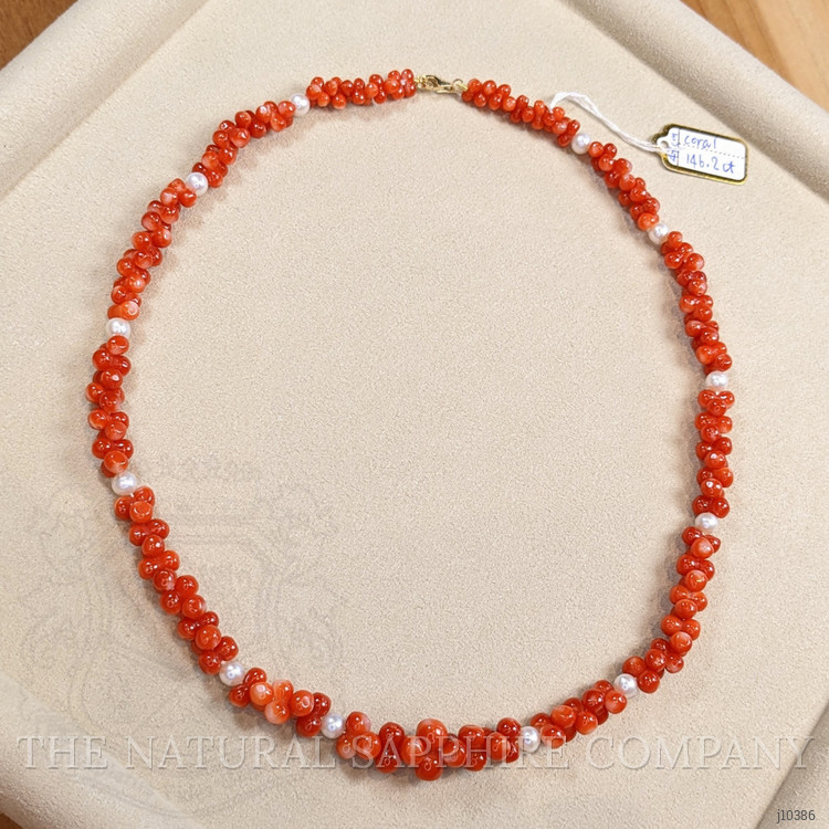 156.95 Ct. Coral Pearl Multi Stone Necklace, 18K Yellow Gold