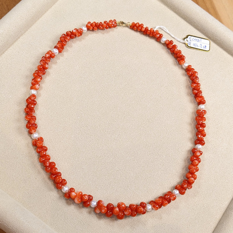 156.95 Ct. Coral Pearl Multi Stone Necklace, 18K Yellow Gold