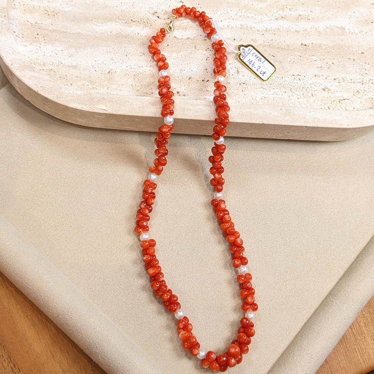 156.95 Ct. Coral Pearl Multi Stone Necklace, 18K Yellow Gold