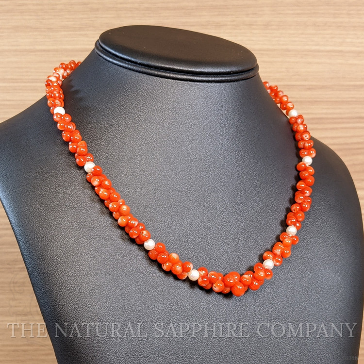 156.95 Ct. Coral Pearl Multi Stone Necklace, 18K Yellow Gold