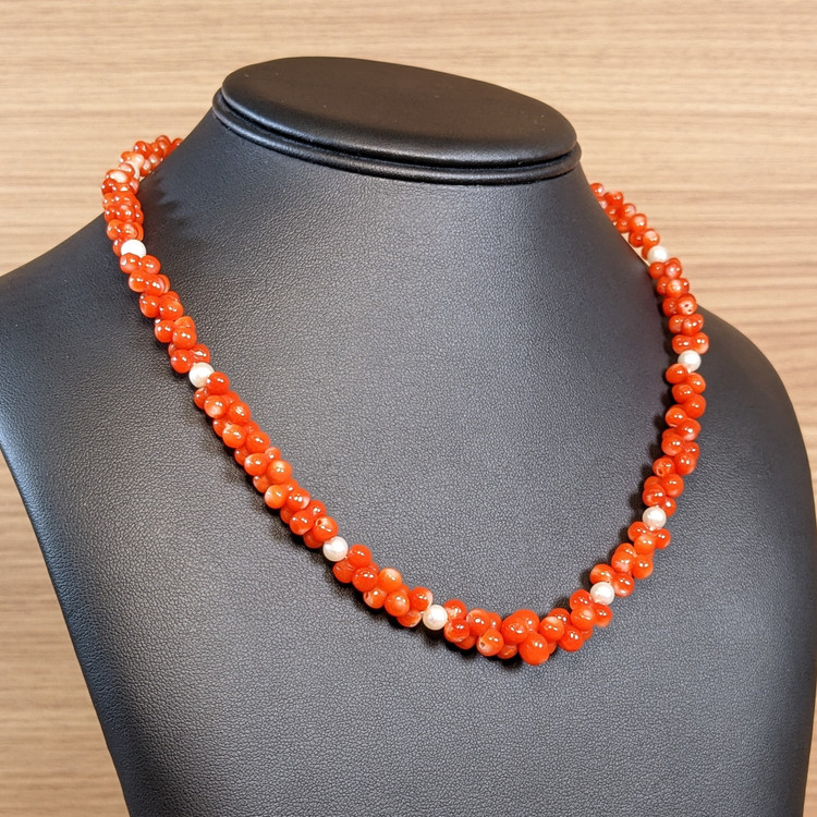 156.95 Ct. Coral Pearl Multi Stone Necklace, 18K Yellow Gold