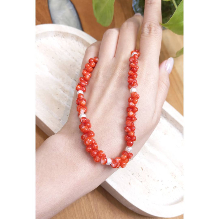 156.95 Ct. Coral Pearl Multi Stone Necklace, 18K Yellow Gold