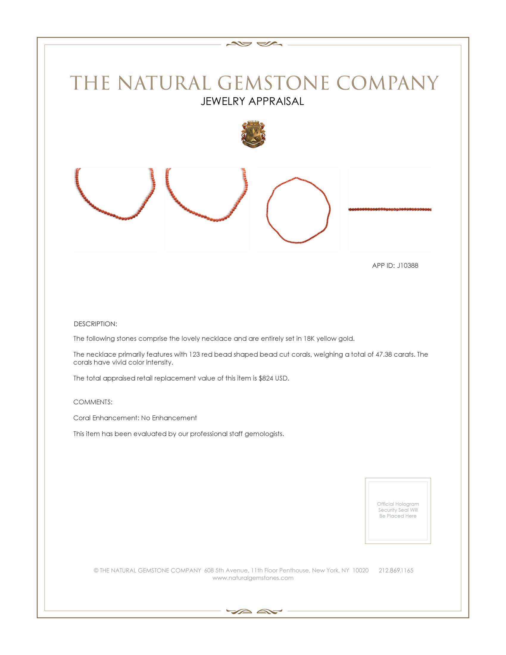 47.38 Ct. Red Coral Multi Stone Necklace, 18K Yellow Gold