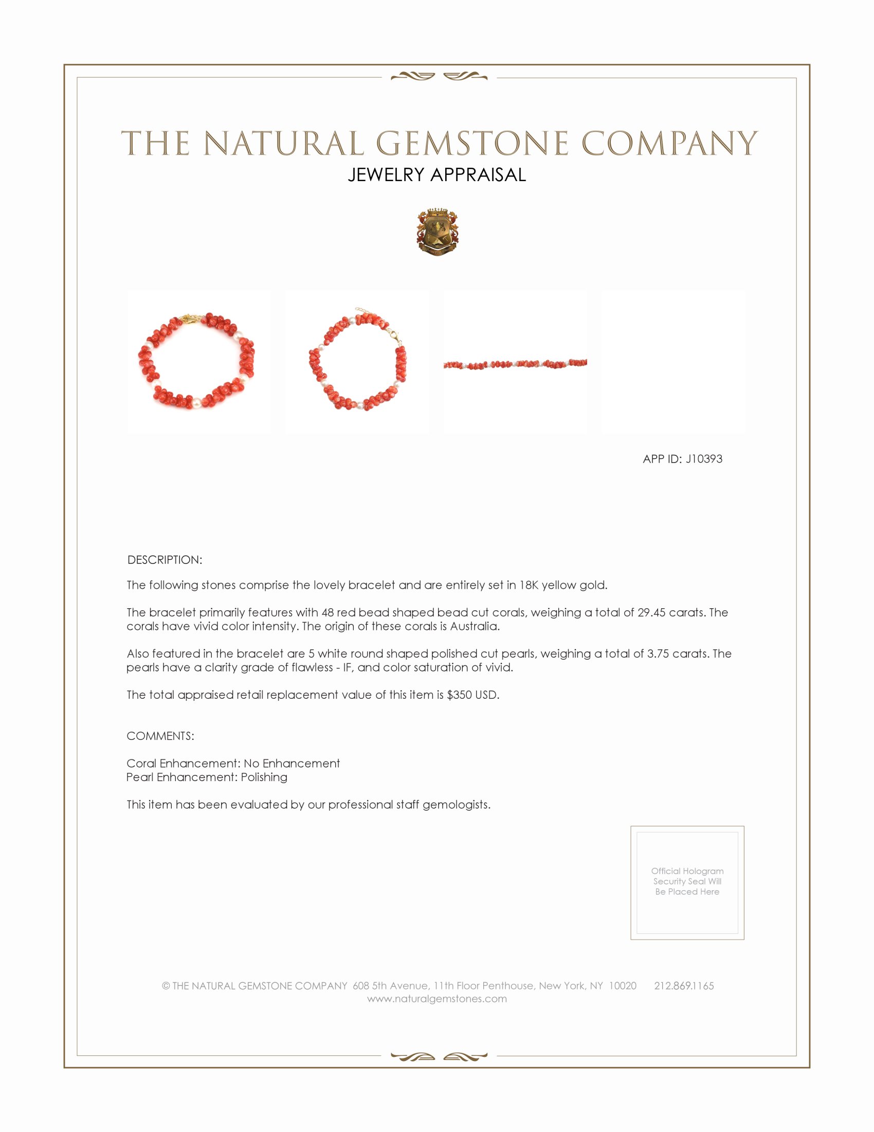 29.45 Ct.Tw. Coral Pearl Tennis/Riviere Bracelet, 18K Yellow Gold