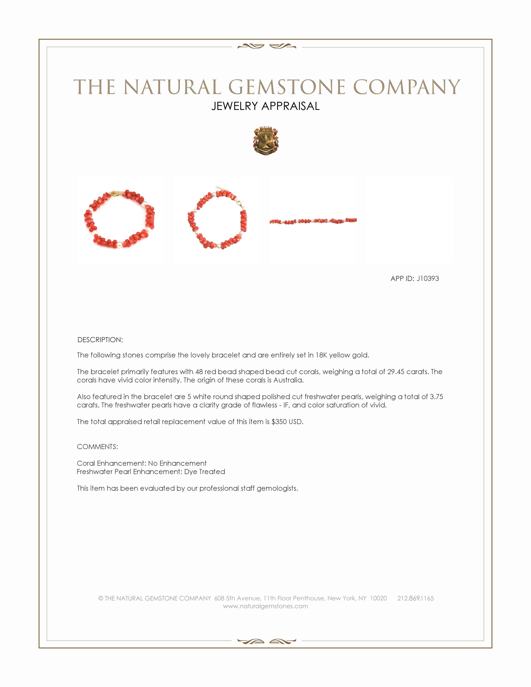 29.45 Ct.Tw. Red Coral and White Freshwater Pearl Tennis/Line Bracelet, 18K Yellow Gold