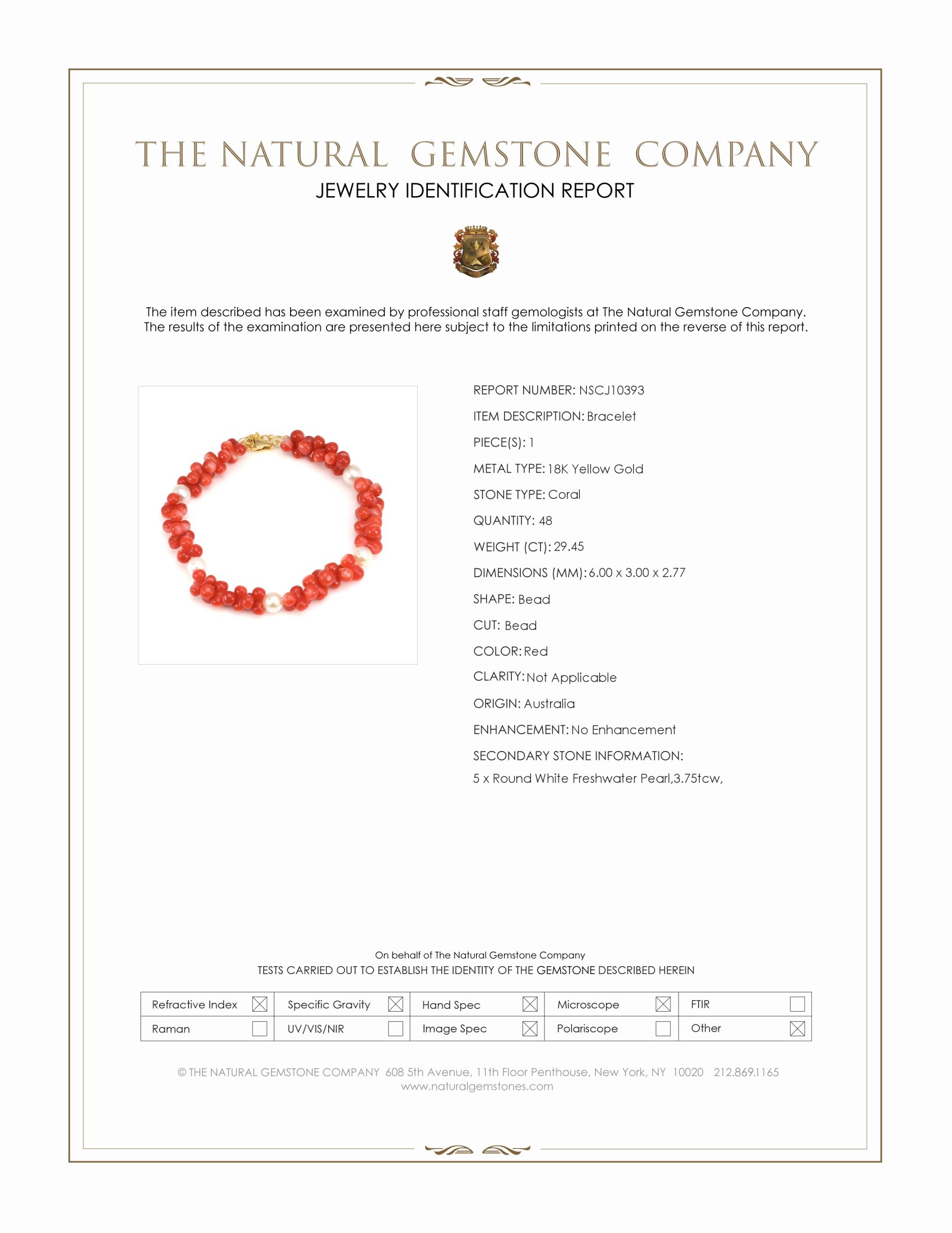 29.45 Ct.Tw. Red Coral and White Freshwater Pearl Tennis/Line Bracelet, 18K Yellow Gold