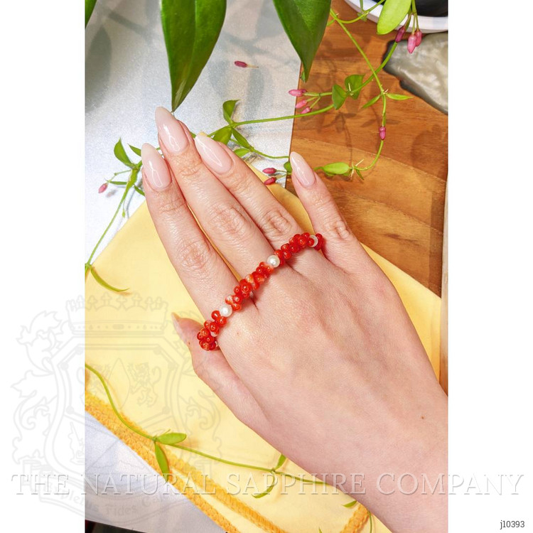 29.45 Ct.Tw. Coral Pearl Tennis/Riviere Bracelet, 18K Yellow Gold