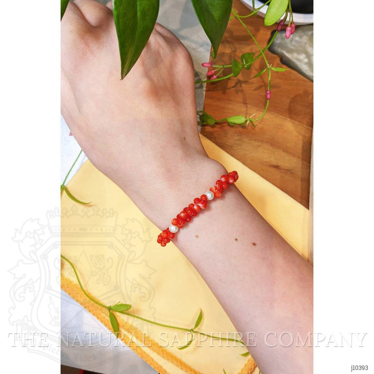 29.45 Ct.Tw. Coral Pearl Tennis/Riviere Bracelet, 18K Yellow Gold