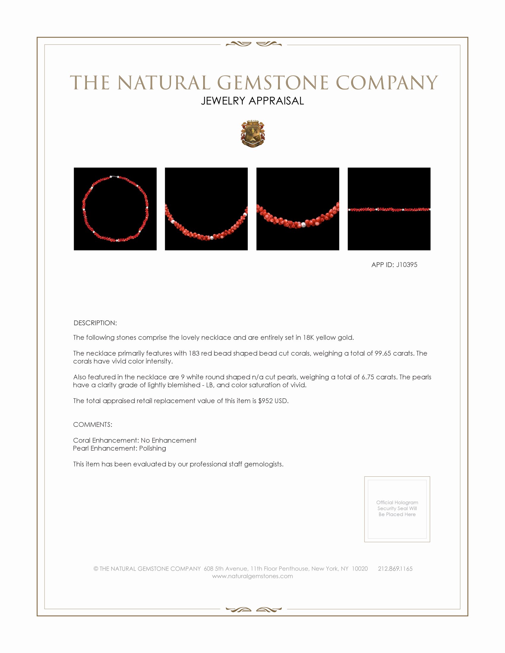 99.65 Ct. Coral Pearl Multi Stone Necklace, 18K Yellow Gold