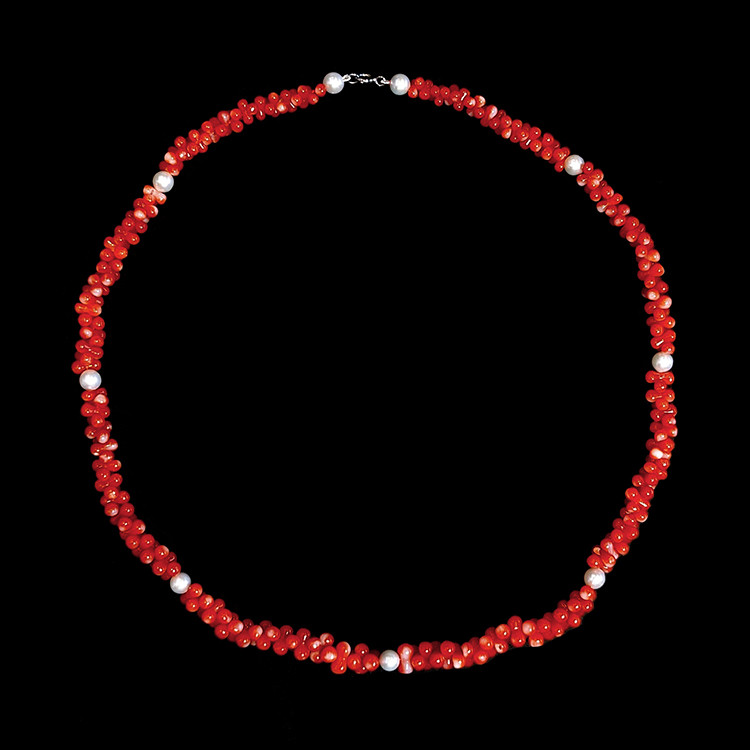 99.65 Ct. Coral Pearl Multi Stone Necklace, 18K Yellow Gold