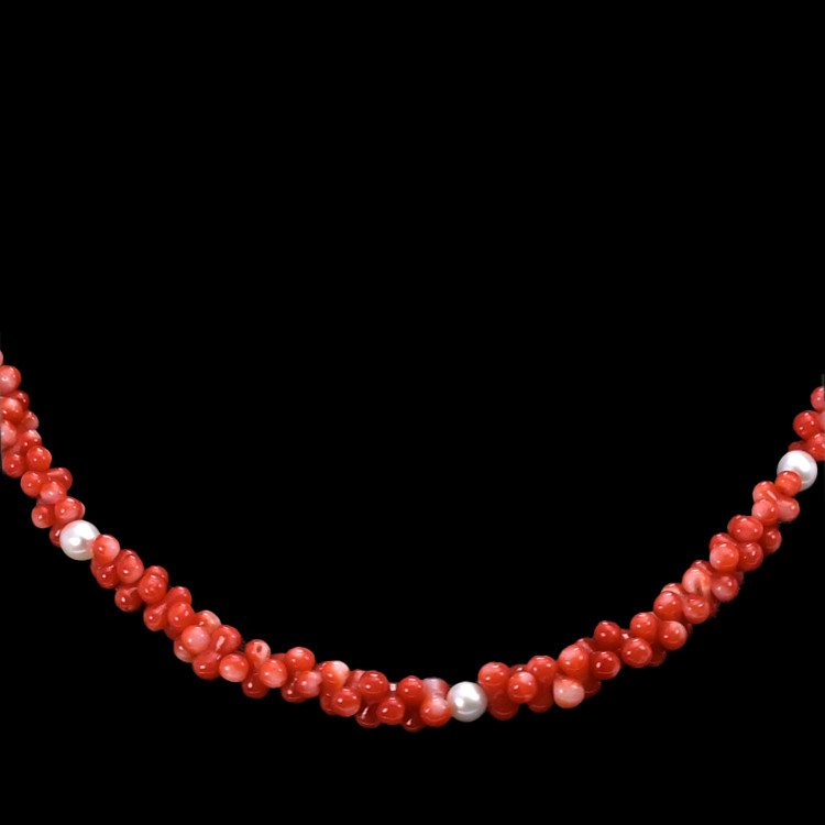 99.65 Ct. Coral Pearl Multi Stone Necklace, 18K Yellow Gold