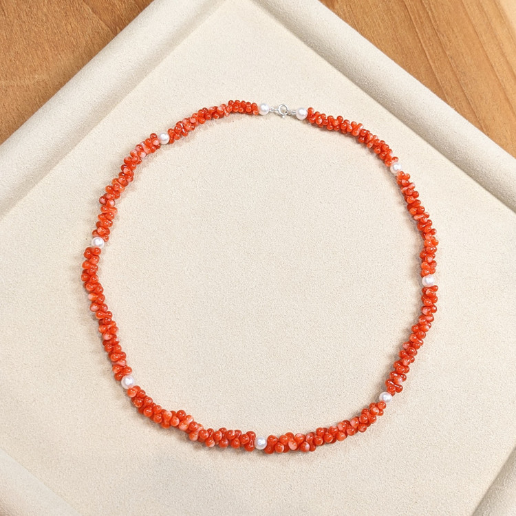 99.65 Ct. Coral Pearl Multi Stone Necklace, 18K Yellow Gold