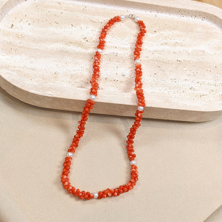 99.65 Ct. Coral Pearl Multi Stone Necklace, 18K Yellow Gold