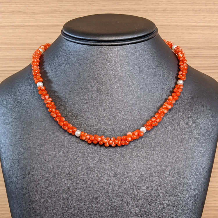 99.65 Ct. Coral Pearl Multi Stone Necklace, 18K Yellow Gold