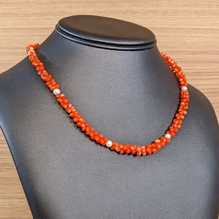 99.65 Ct. Coral Pearl Multi Stone Necklace, 18K Yellow Gold