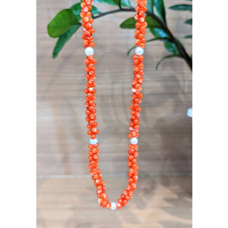 99.65 Ct. Coral Pearl Multi Stone Necklace, 18K Yellow Gold