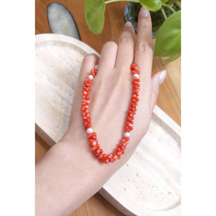 99.65 Ct. Coral Pearl Multi Stone Necklace, 18K Yellow Gold