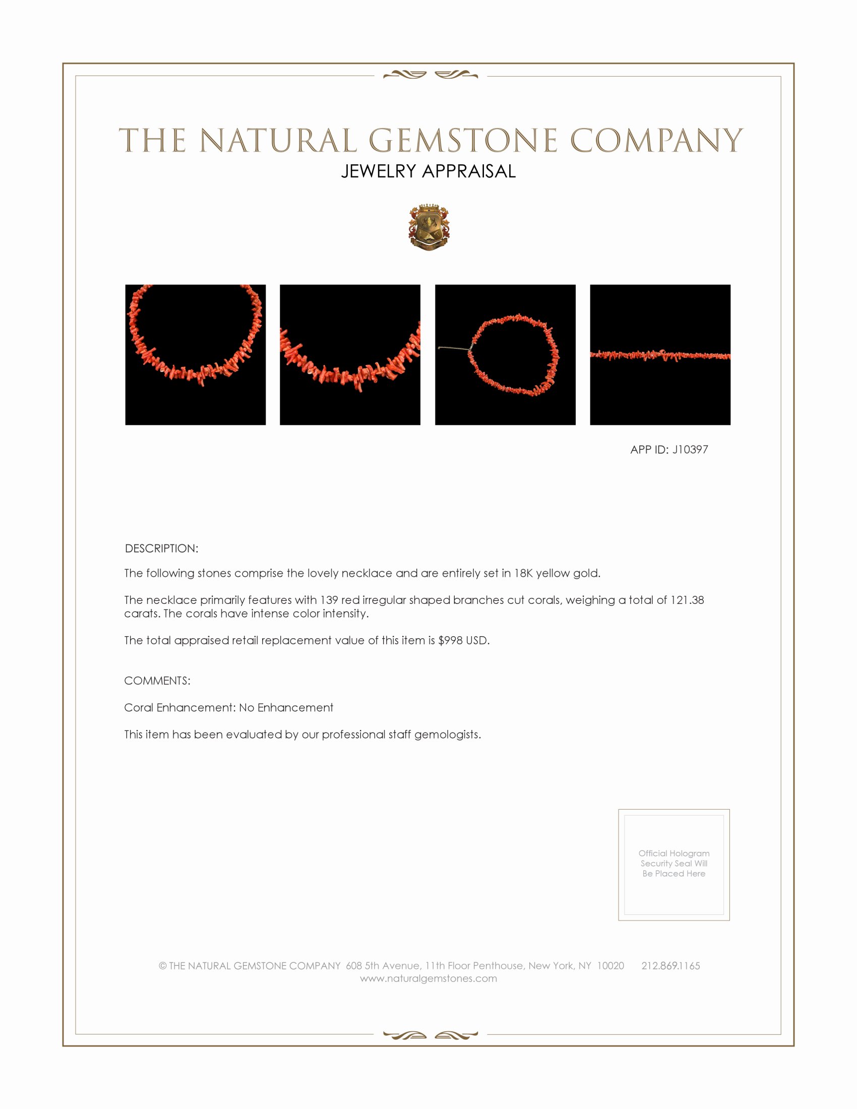 121.38 Ct. Coral Multi Stone Necklace, 18K Yellow Gold