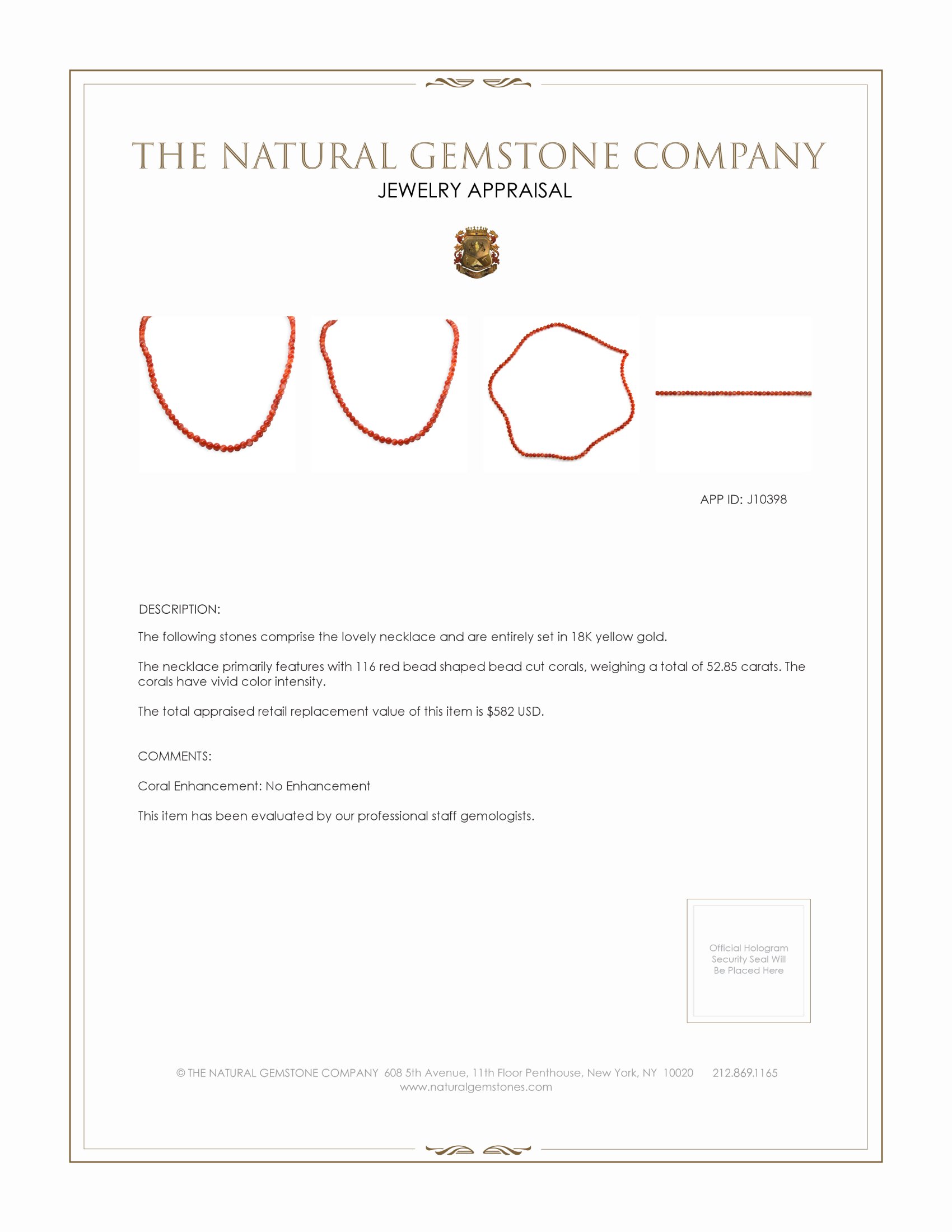 52.85 Ct. Coral Multi Stone Necklace, 18K Yellow Gold