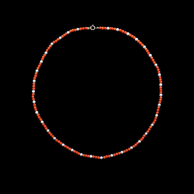 15.85 Ct. Coral Pearl Multi Stone Necklace, 18K Yellow Gold