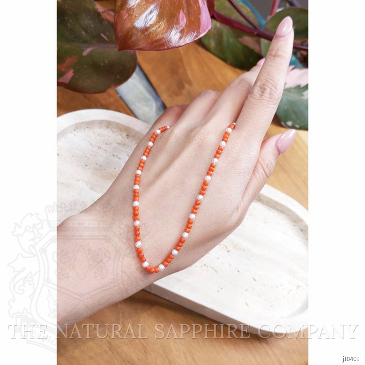 15.85 Ct. Coral Pearl Multi Stone Necklace, 18K Yellow Gold