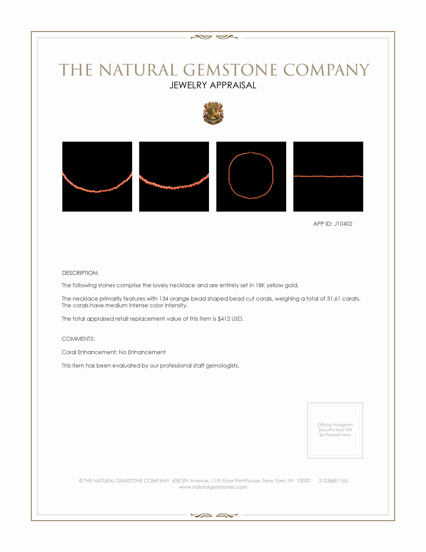 31.61 Ct. Orange Coral Multi Stone Necklace, 18K Yellow Gold