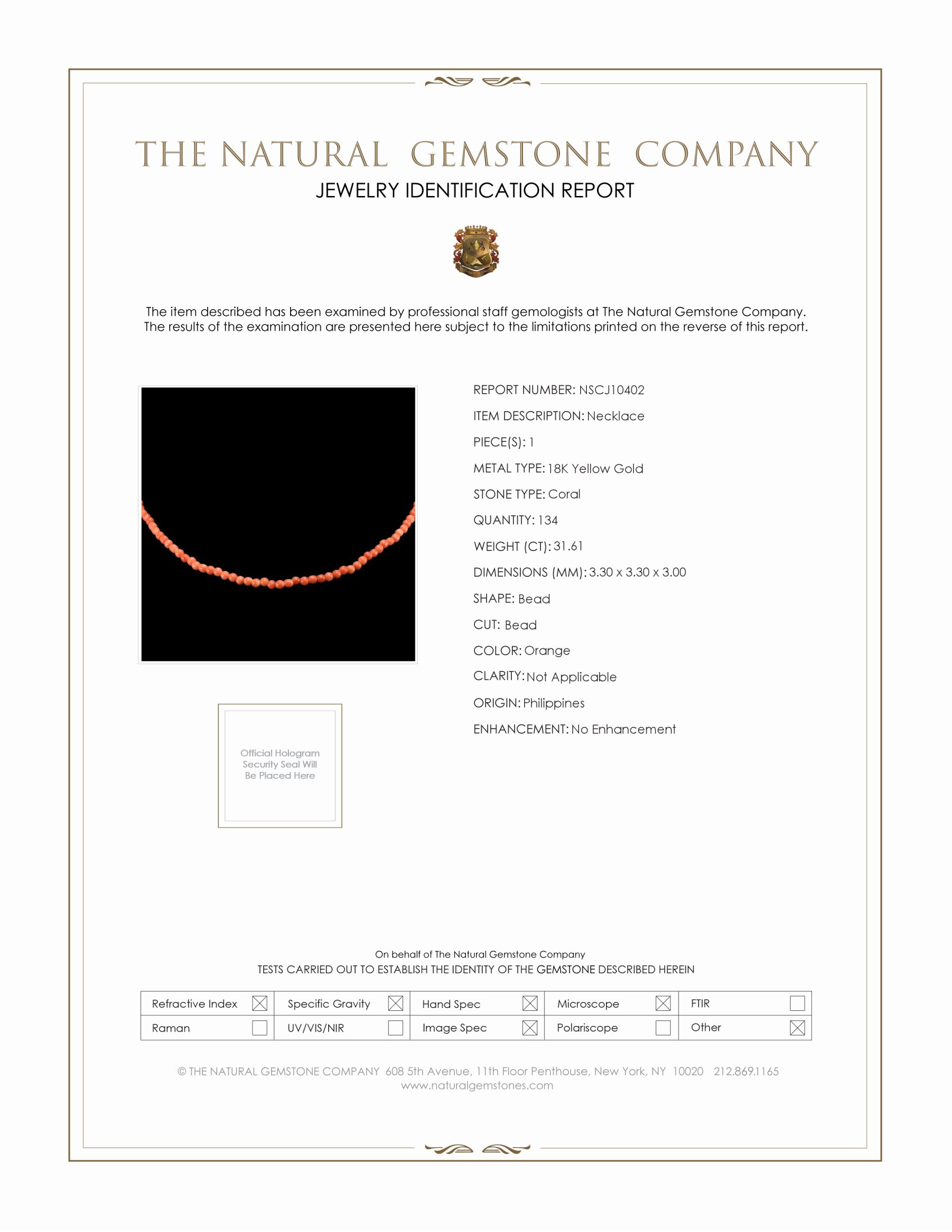 31.61 Ct. Orange Coral Multi Stone Necklace, 18K Yellow Gold