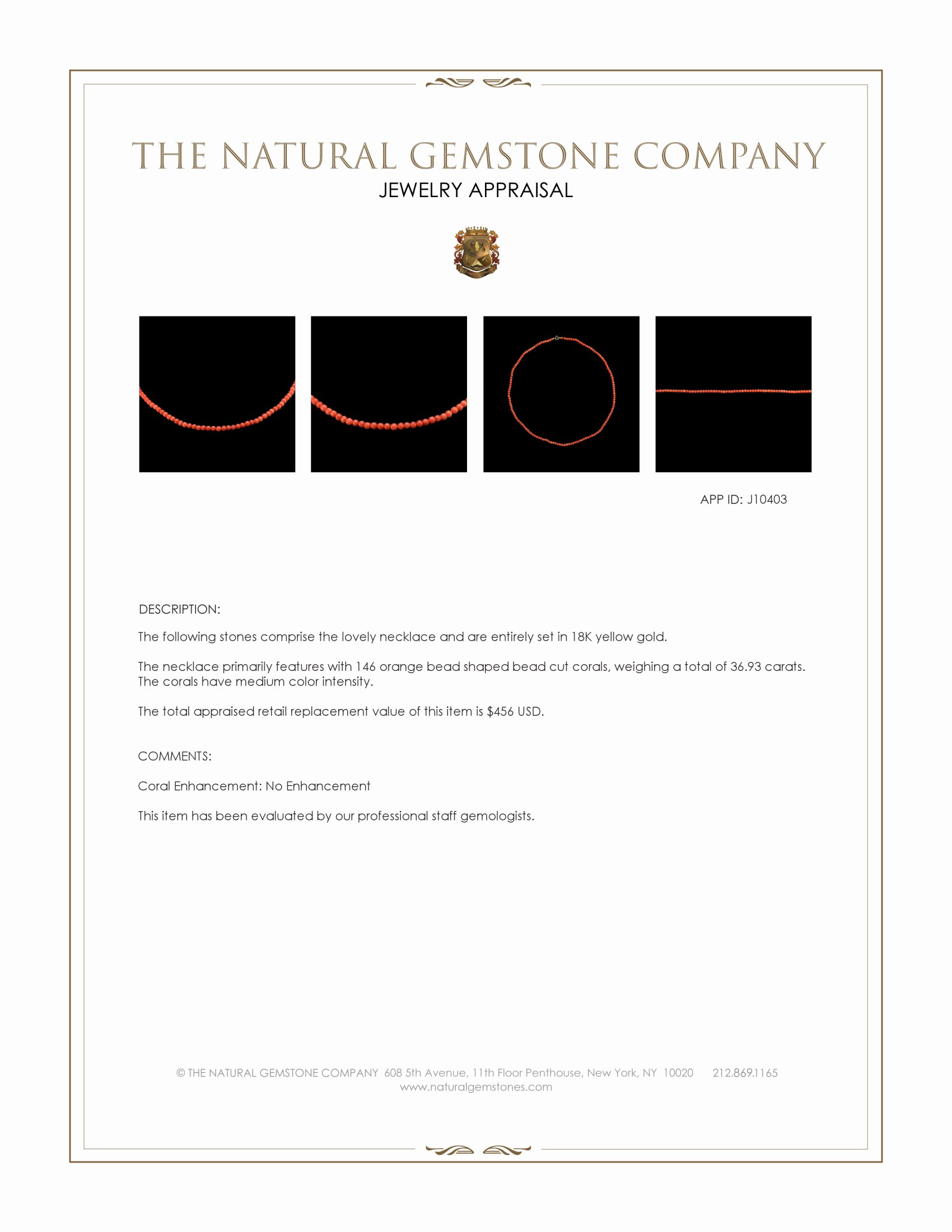 36.93 Ct. Orange Coral Multi Stone Necklace, 18K Yellow Gold