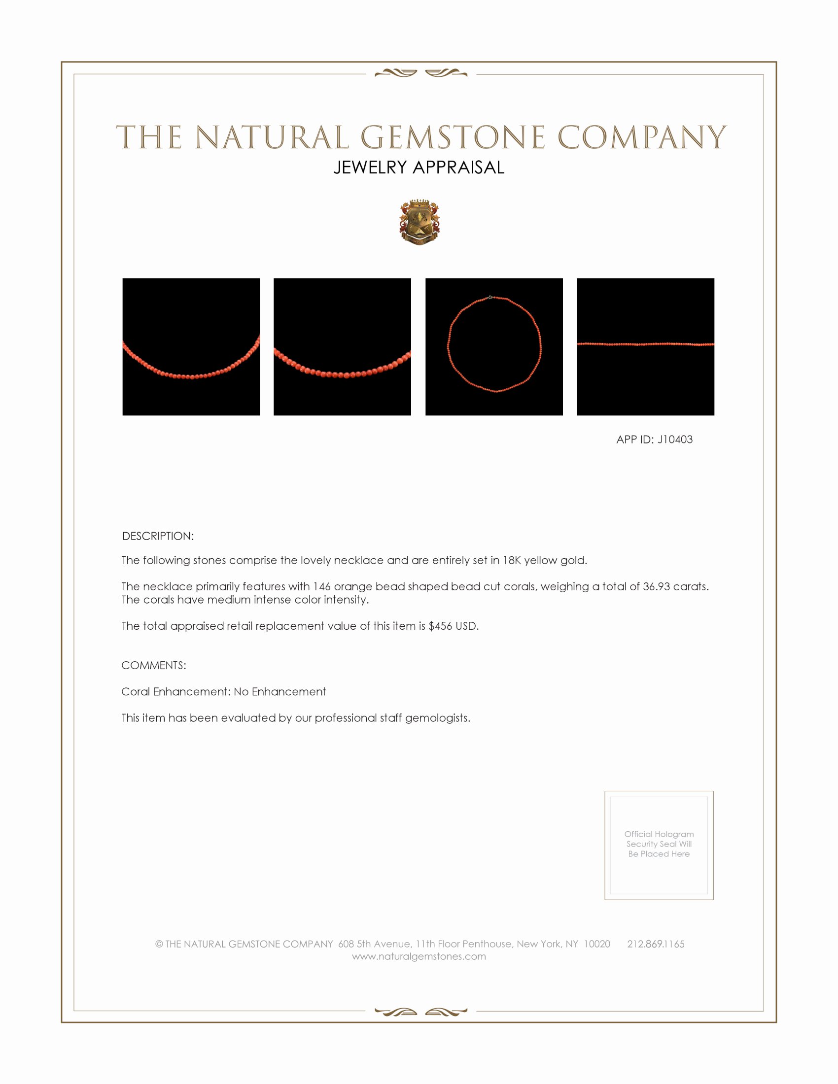 36.93 Ct. Coral Multi Stone Necklace, 18K Yellow Gold