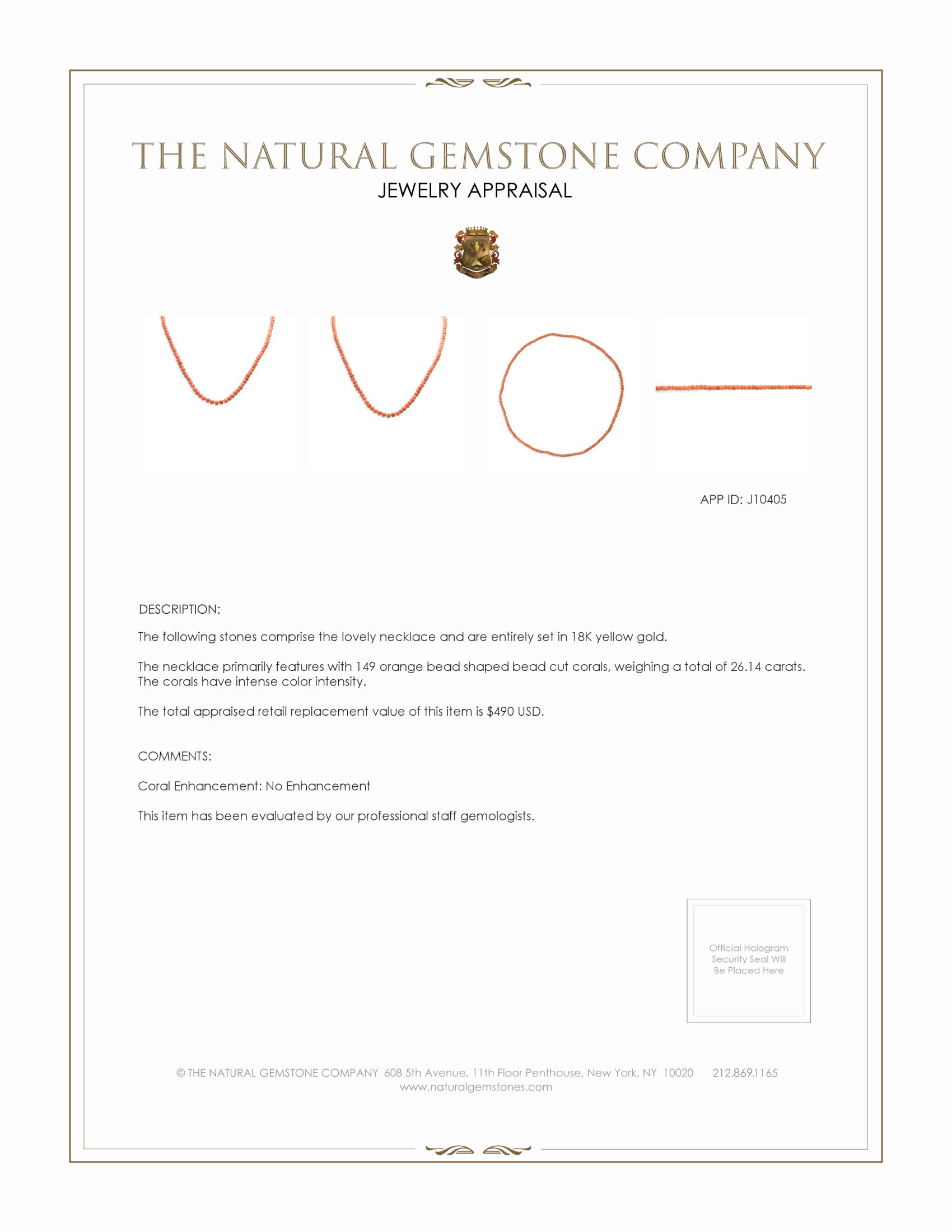 26.14 Ct. Coral Antique Style Necklace, 18K Yellow Gold