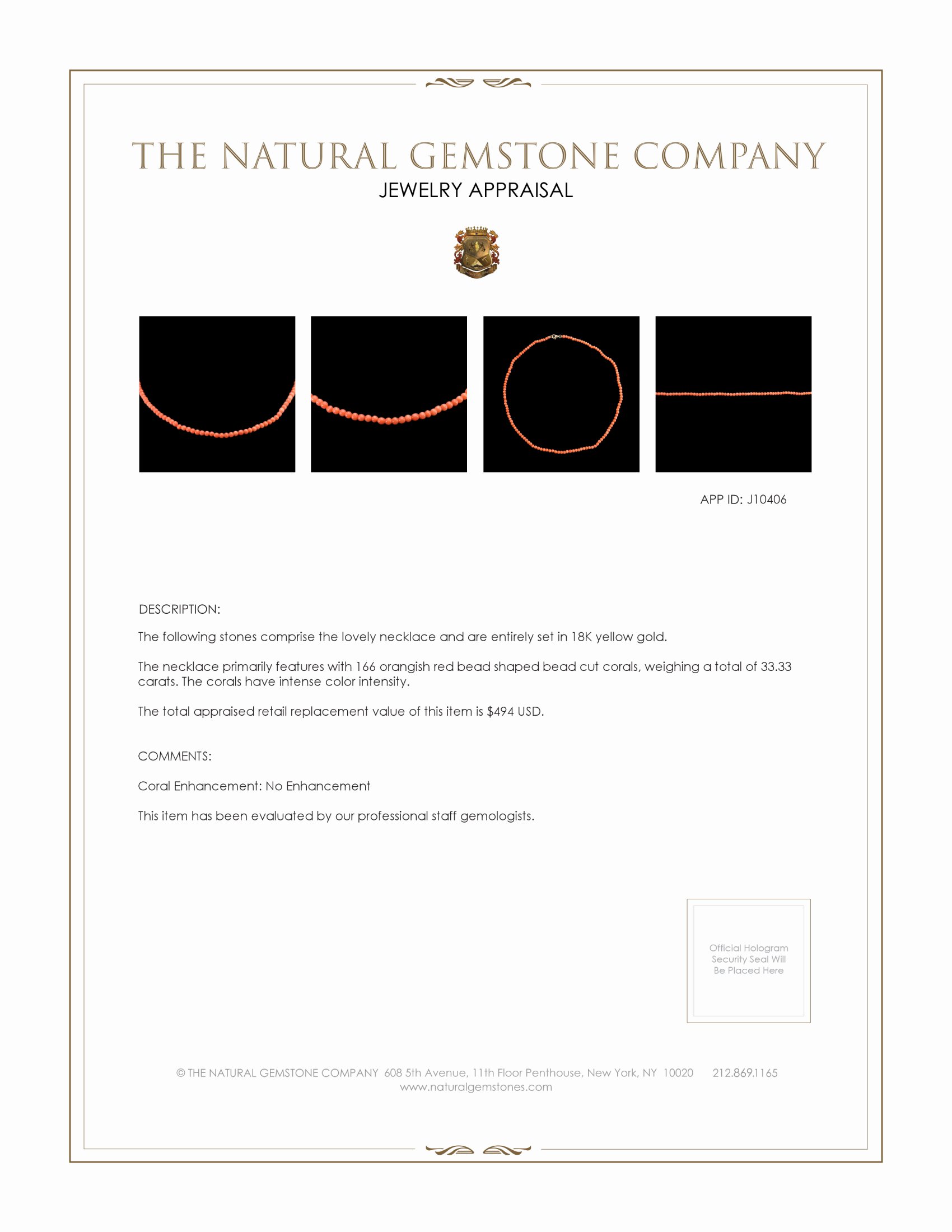 33.33 Ct. Coral Multi Stone Necklace, 18K Yellow Gold