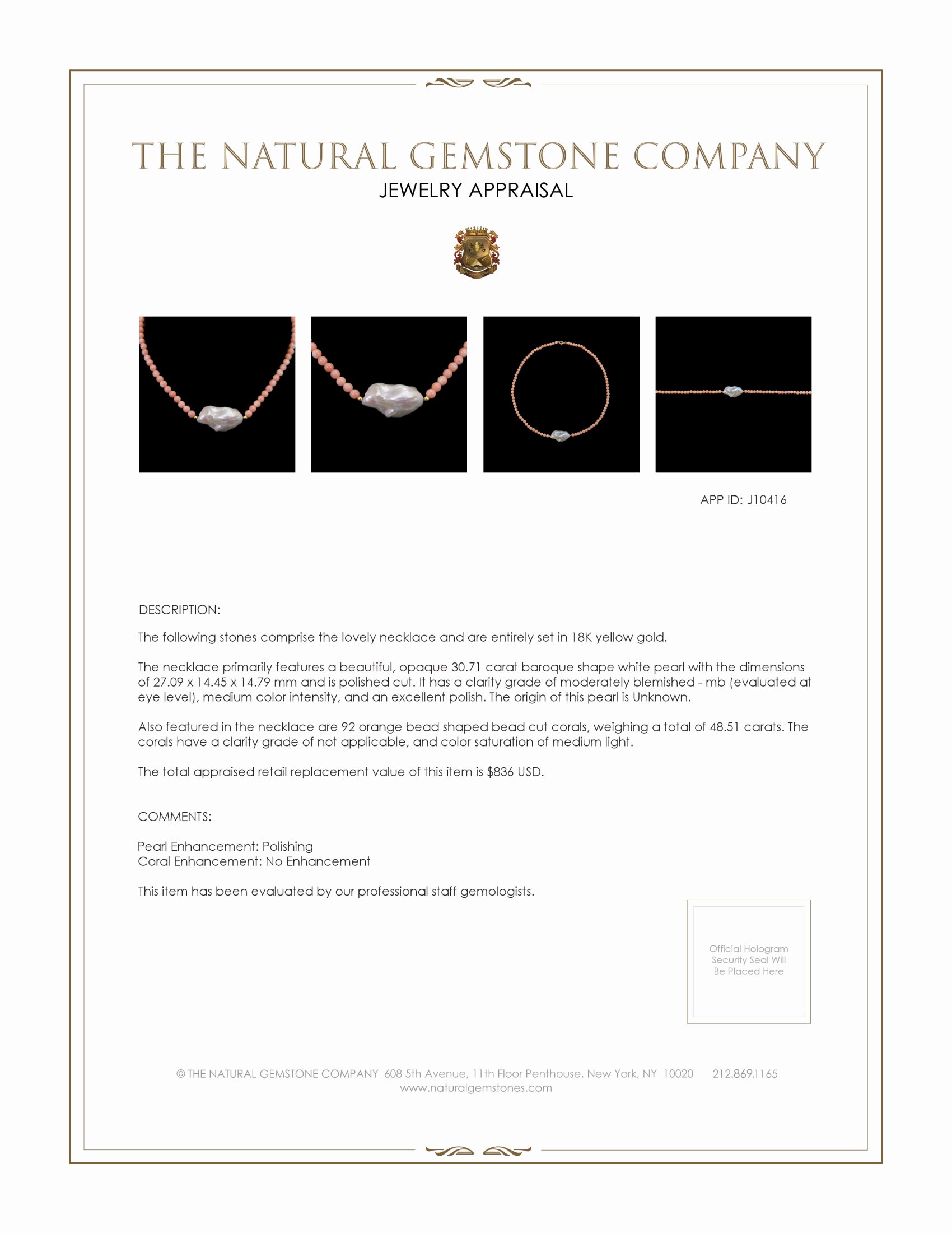 30.71 Ct. Pearl Coral Multi Stone Necklace, 18K Yellow Gold