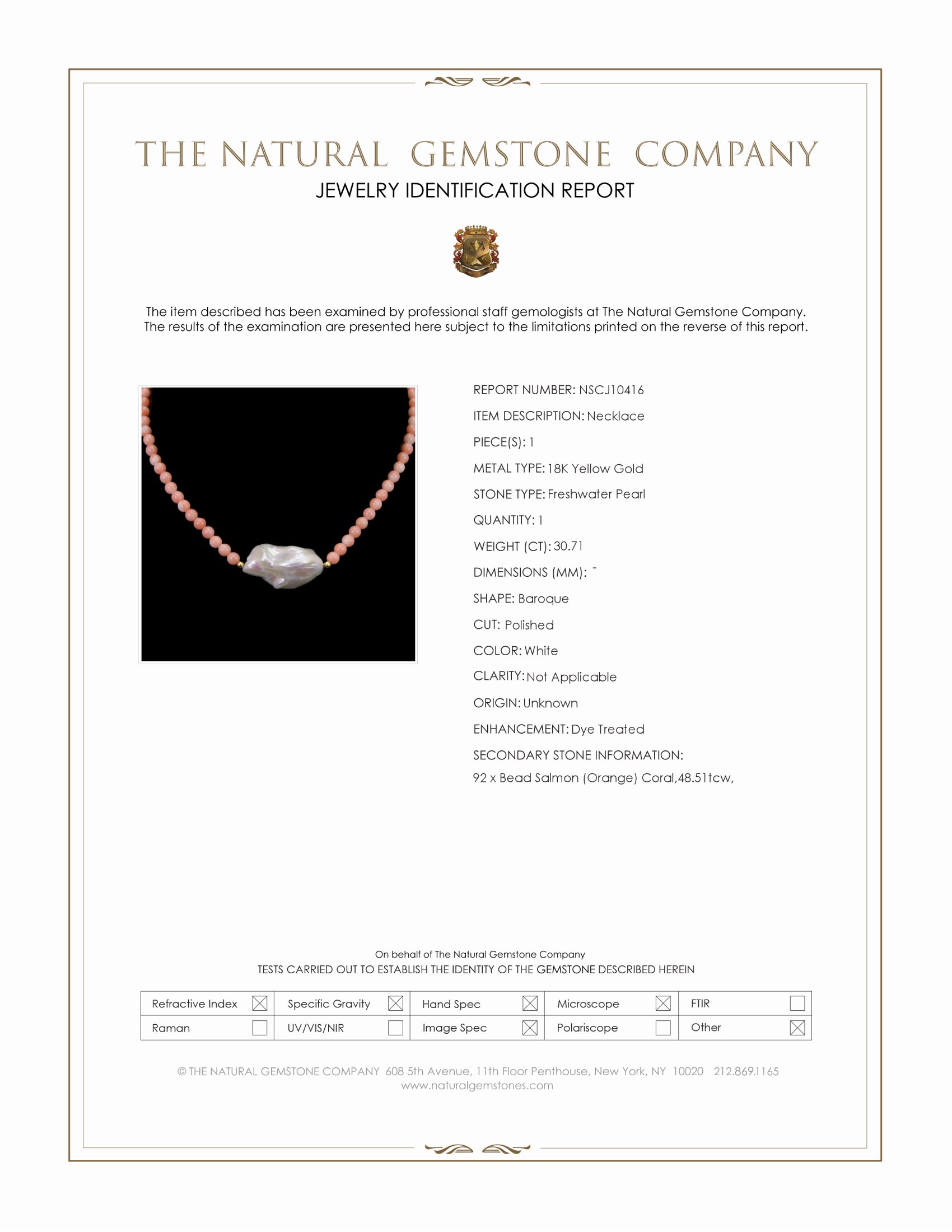 30.71 Ct. White Freshwater Pearl and Salmon (Orange) Coral Multi Stone Necklace, 18K Yellow Gold