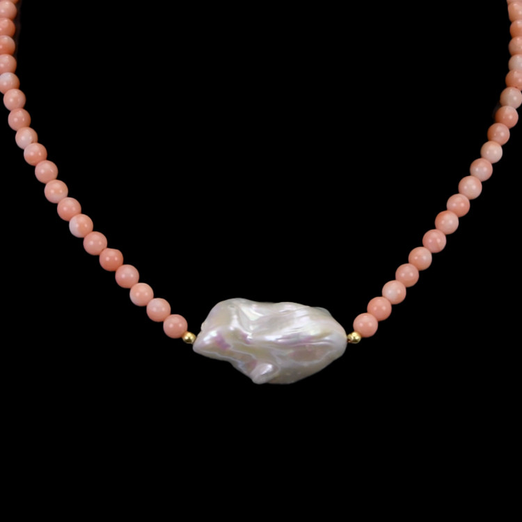 30.71 Ct. Pearl Coral Multi Stone Necklace, 18K Yellow Gold