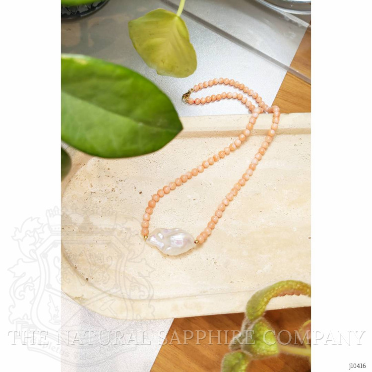 30.71 Ct. Pearl Coral Multi Stone Necklace, 18K Yellow Gold