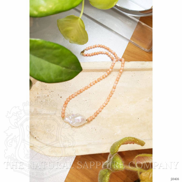 30.71 Ct. Pearl Coral Multi Stone Necklace, 18K Yellow Gold