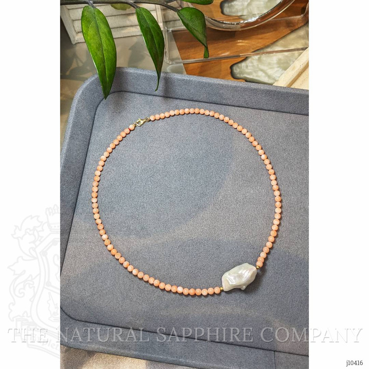 30.71 Ct. Pearl Coral Multi Stone Necklace, 18K Yellow Gold