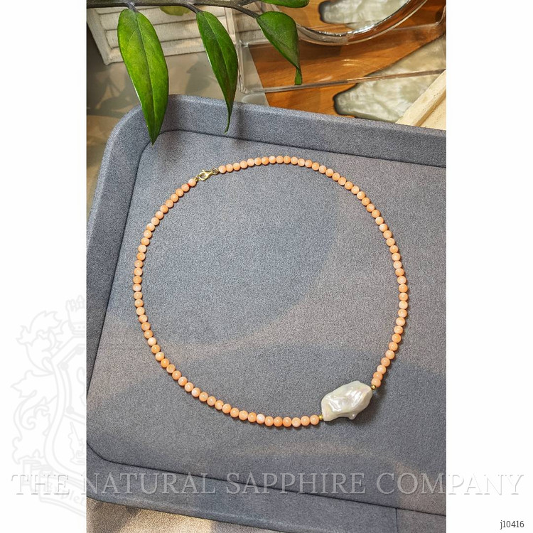 30.71 Ct. Pearl Coral Multi Stone Necklace, 18K Yellow Gold