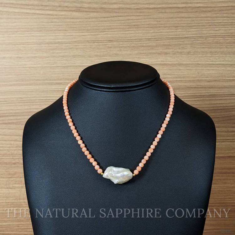 30.71 Ct. Pearl Coral Multi Stone Necklace, 18K Yellow Gold