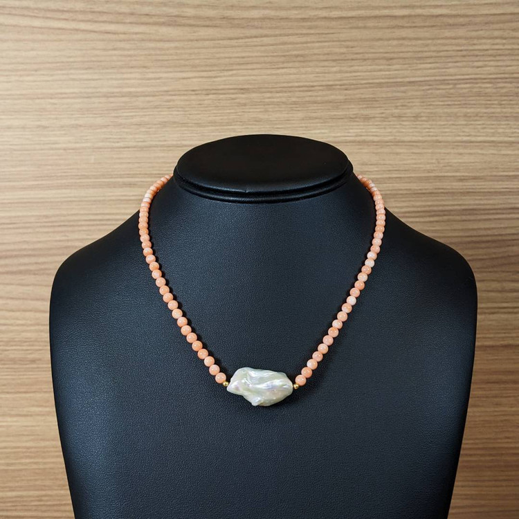 30.71 Ct. Pearl Coral Multi Stone Necklace, 18K Yellow Gold