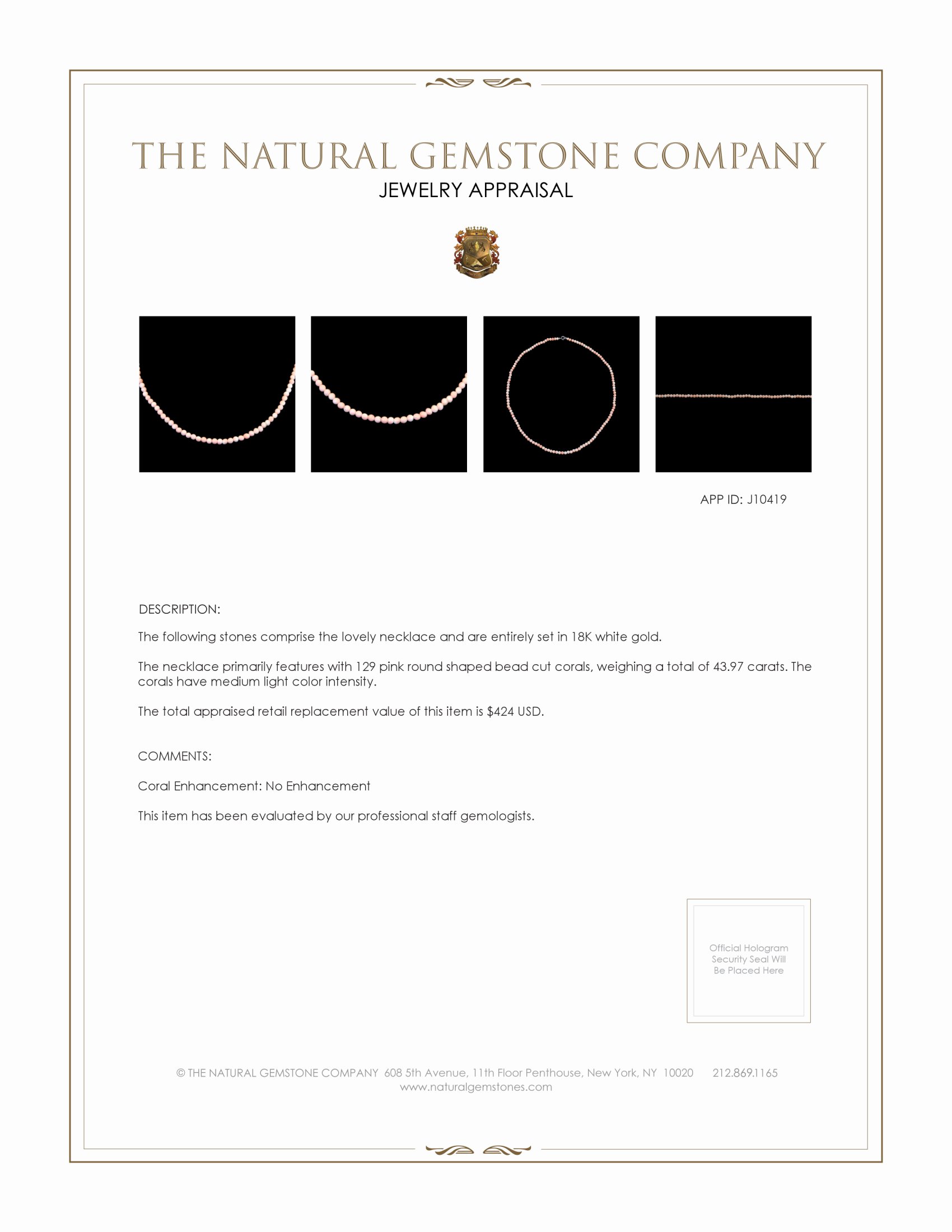 43.97 Ct. Coral Antique Style Necklace, 18K White Gold