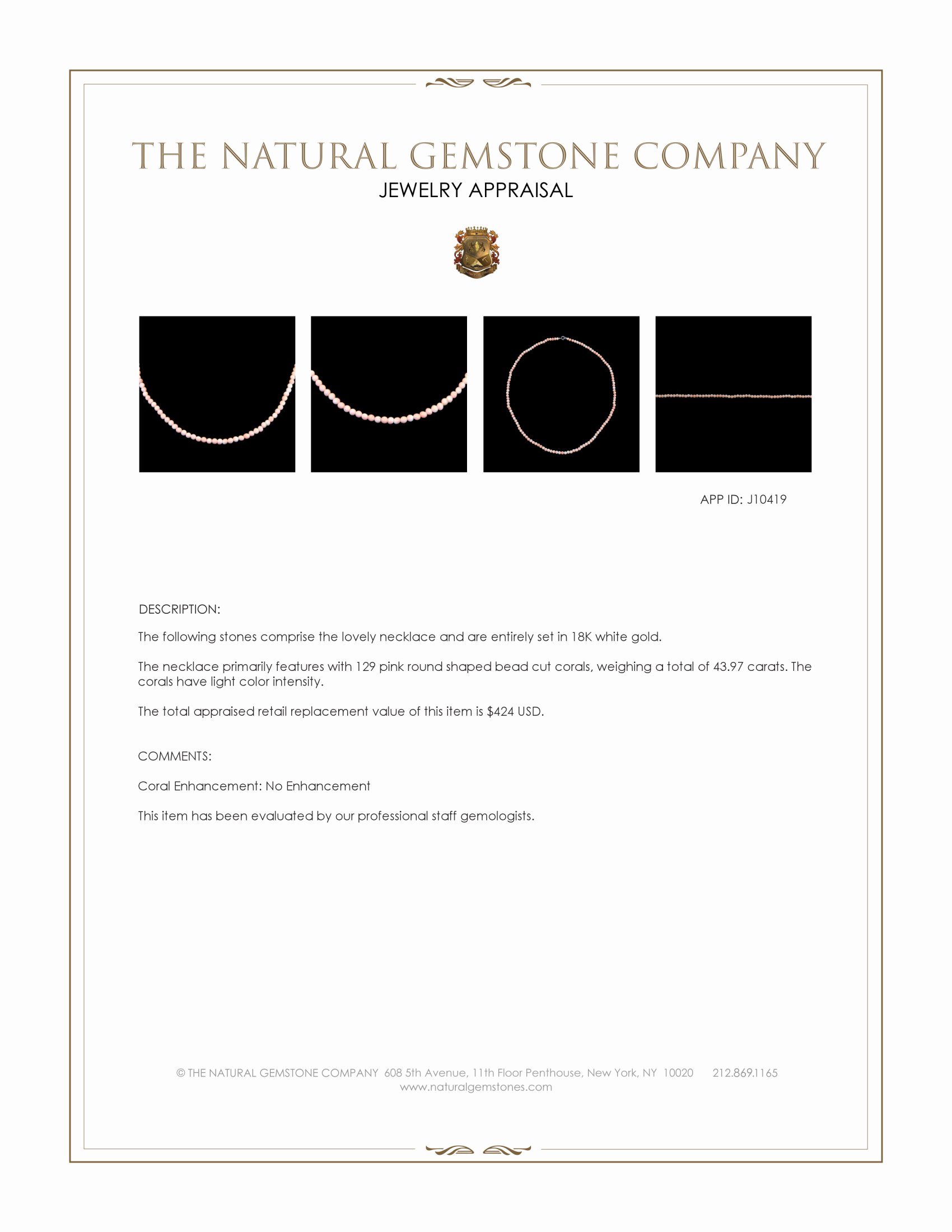 43.97 Ct. Pink Coral Antique Style Necklace, 18K White Gold