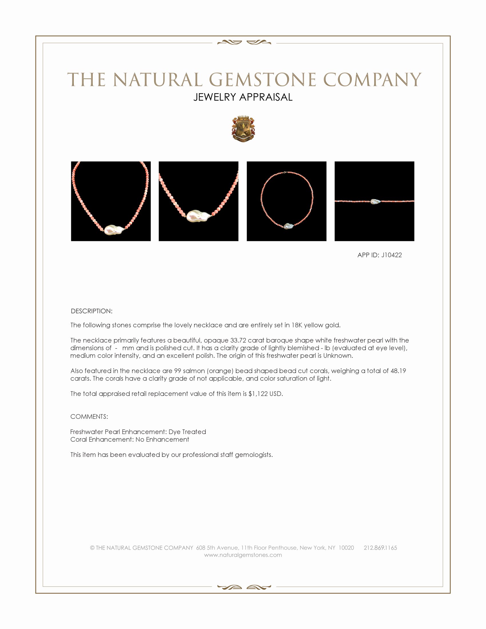 33.72 Ct. White Freshwater Pearl and Salmon (Orange) Coral Multi Stone Necklace, 18K Yellow Gold