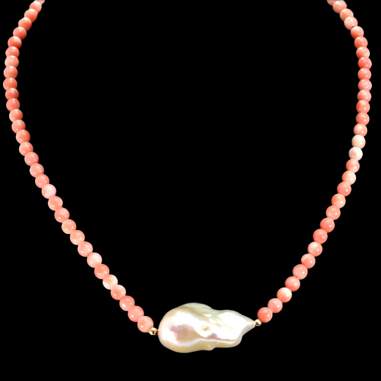 33.72 Ct. Pearl Coral Multi Stone Necklace, 18K Yellow Gold