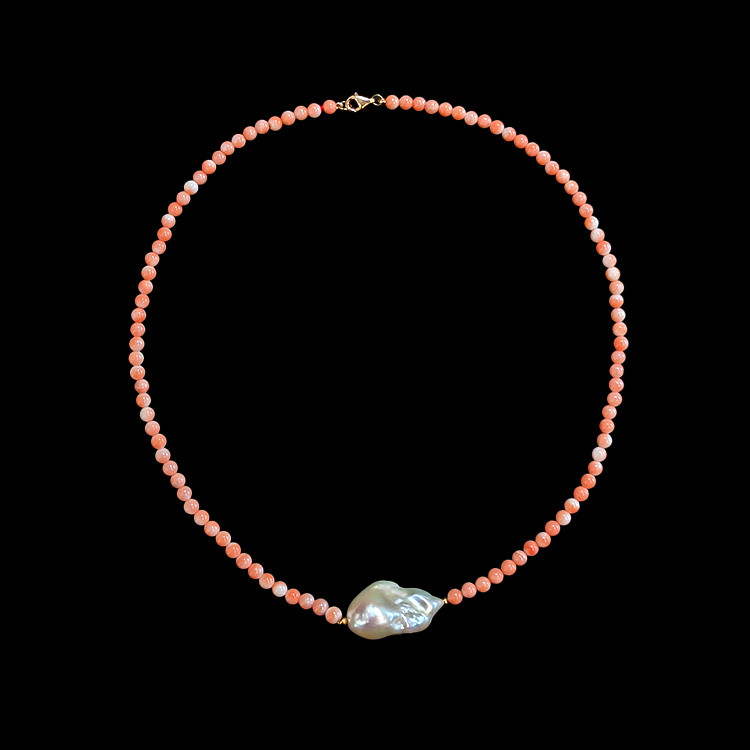 33.72 Ct. Pearl Coral Multi Stone Necklace, 18K Yellow Gold